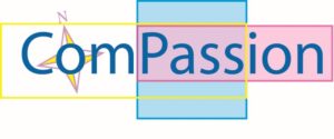 The word compassion separated into two - Com with a capital C and Passion with a Capital P. The Com part has a compass behind it.