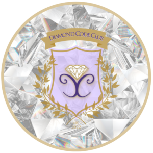 A circle frame with white diamond background and an purple shield with the words Diamond Code Club above it.