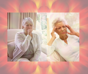The image contains two separate pictures - one of a woman with short grey hair who is coughing, the other is a woman with white hair rubbing her temples. The background is a red flower with yellow highlights.