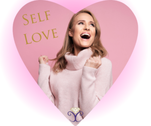 A heart shape with a woman wearing a pink polo neck sweater and a very joyful look on her face. The text reads 'self-love'. 
