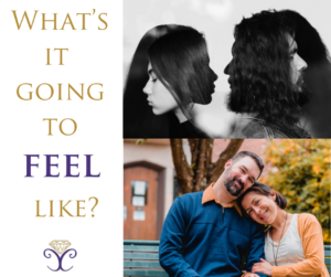 Two images - one above of a man and woman both looking at each other and away from each other and below an image of a man and a woman sitting on a bench. The woman is holding the man's arm and has her head resting on his shoulder. He also rests his head on her shoulder. The text reads 'What's it going to FEEL like?